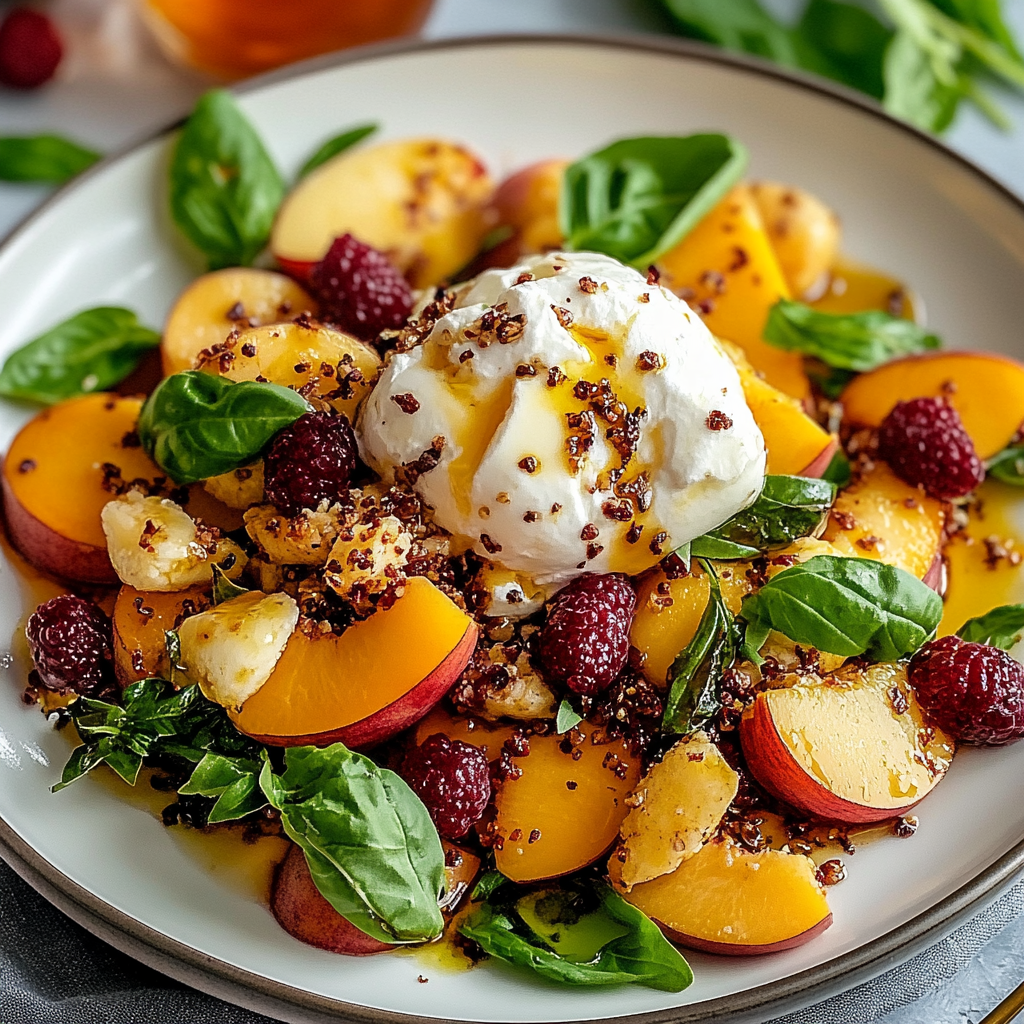 Recipe preparation for Peach Burrata Salad