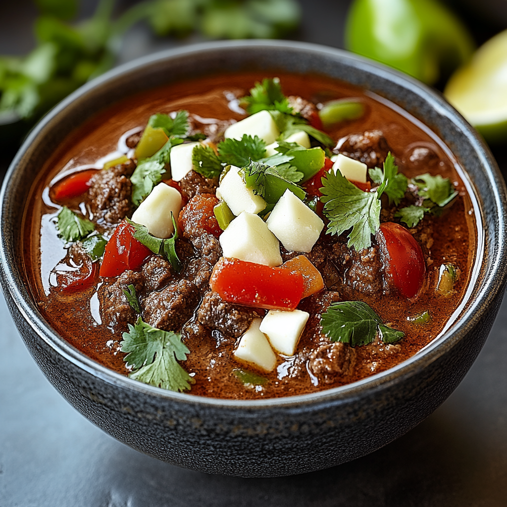 Recipe preparation for Smoky Beef and Poblano Pepper Chili