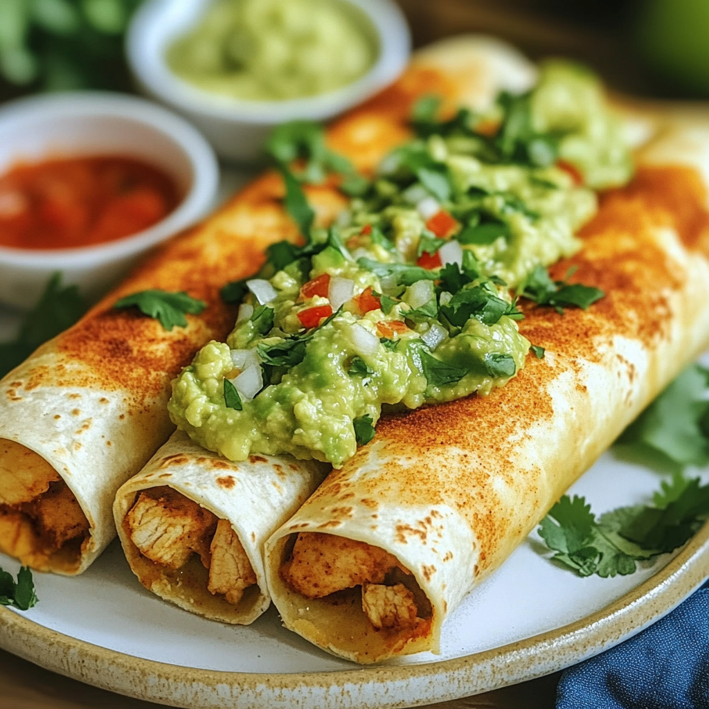 Recipe preparation for Crispy Chicken Flautas Guacamole Salsa
