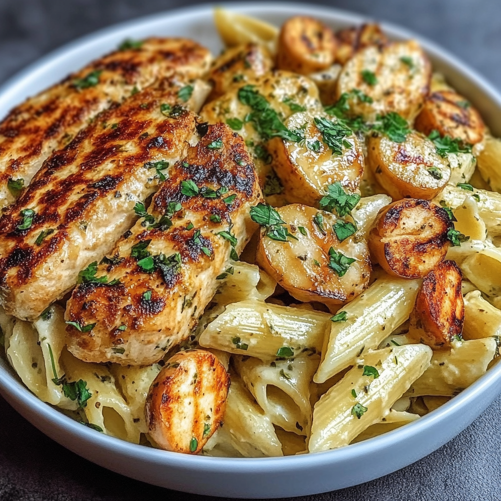 Recipe preparation for Loaded Herb Grilled Chicken Pasta