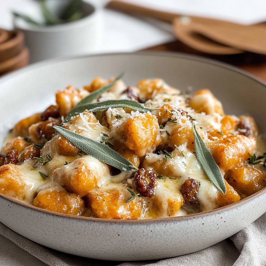 Recipe preparation for Pumpkin Gnocchi Bake with Sage