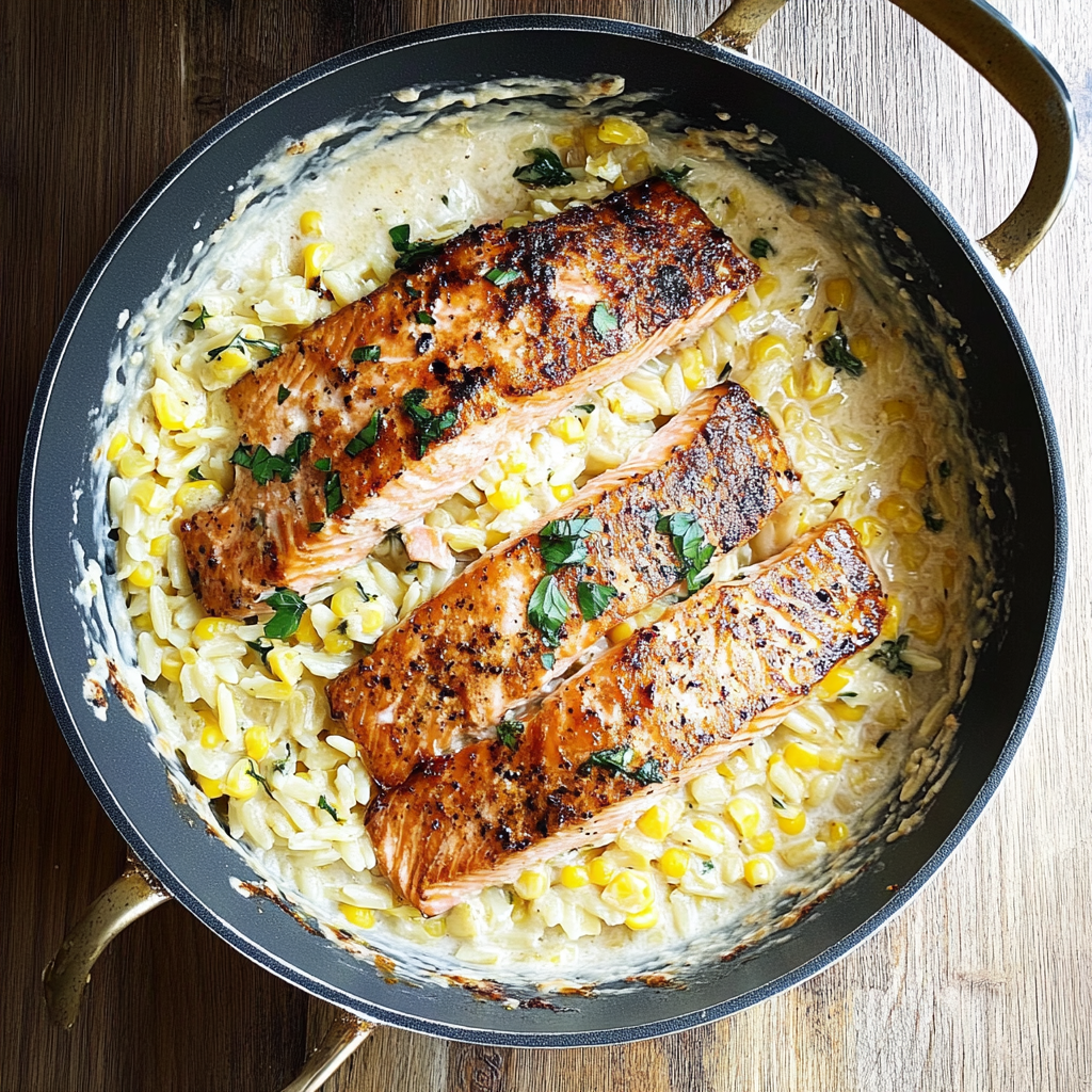 Recipe preparation for Creamed Corn Orzo with Salmon