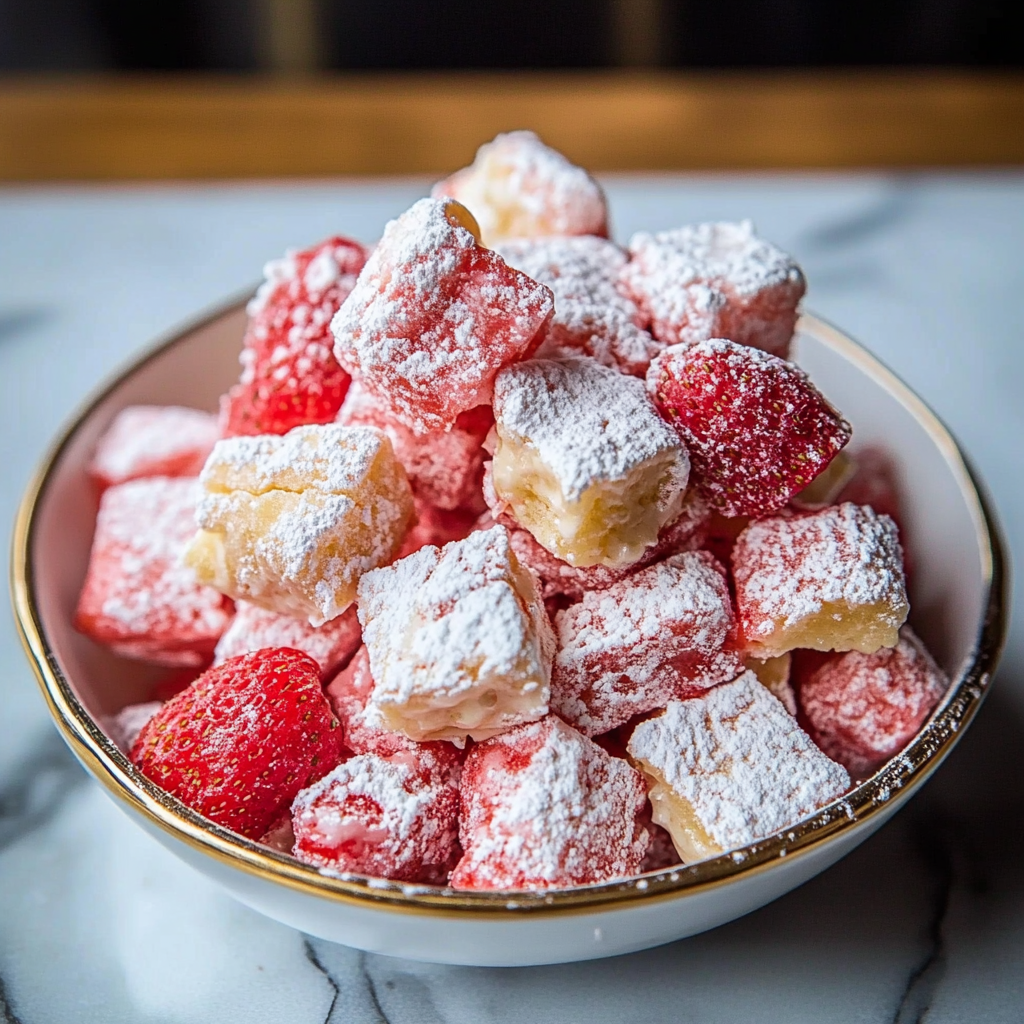 Recipe preparation for Strawberry Shortcake Puppy Chow