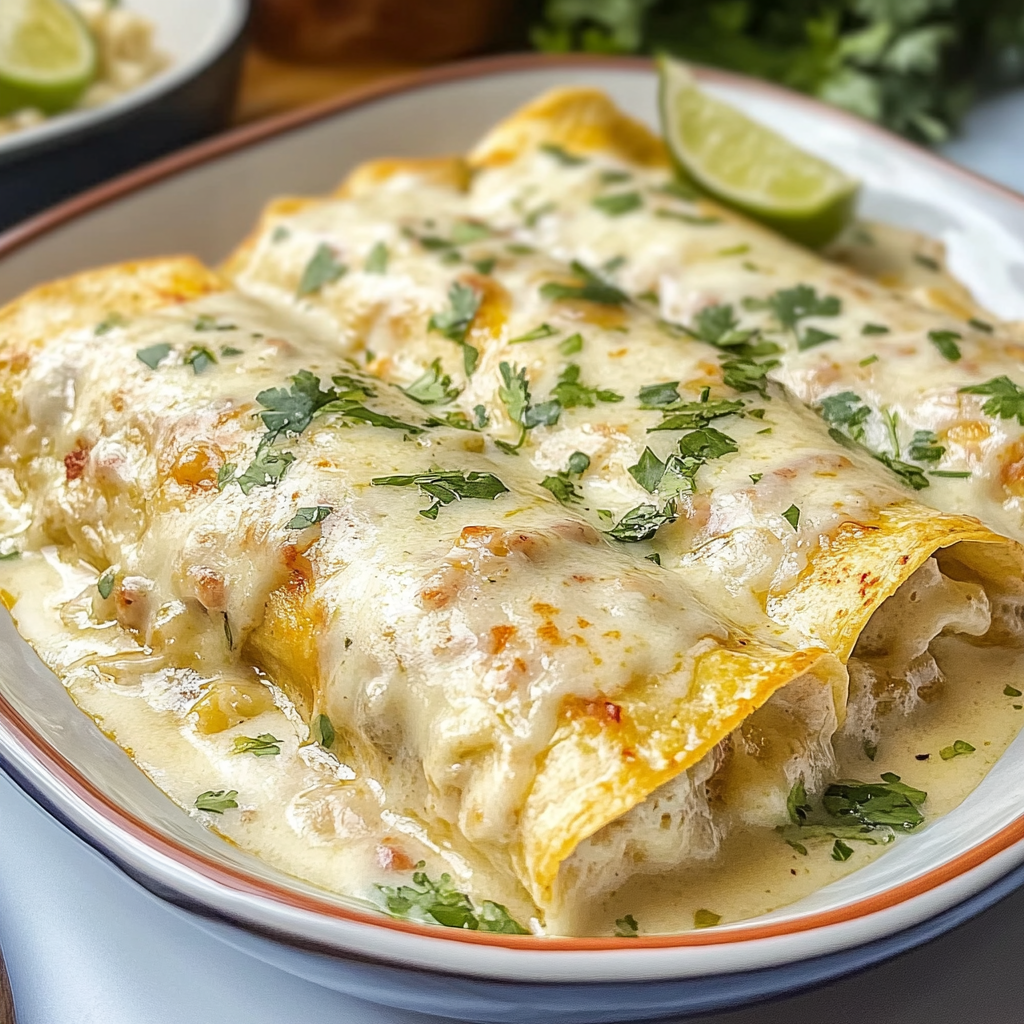 Recipe preparation for Creamy White Chicken Enchiladas