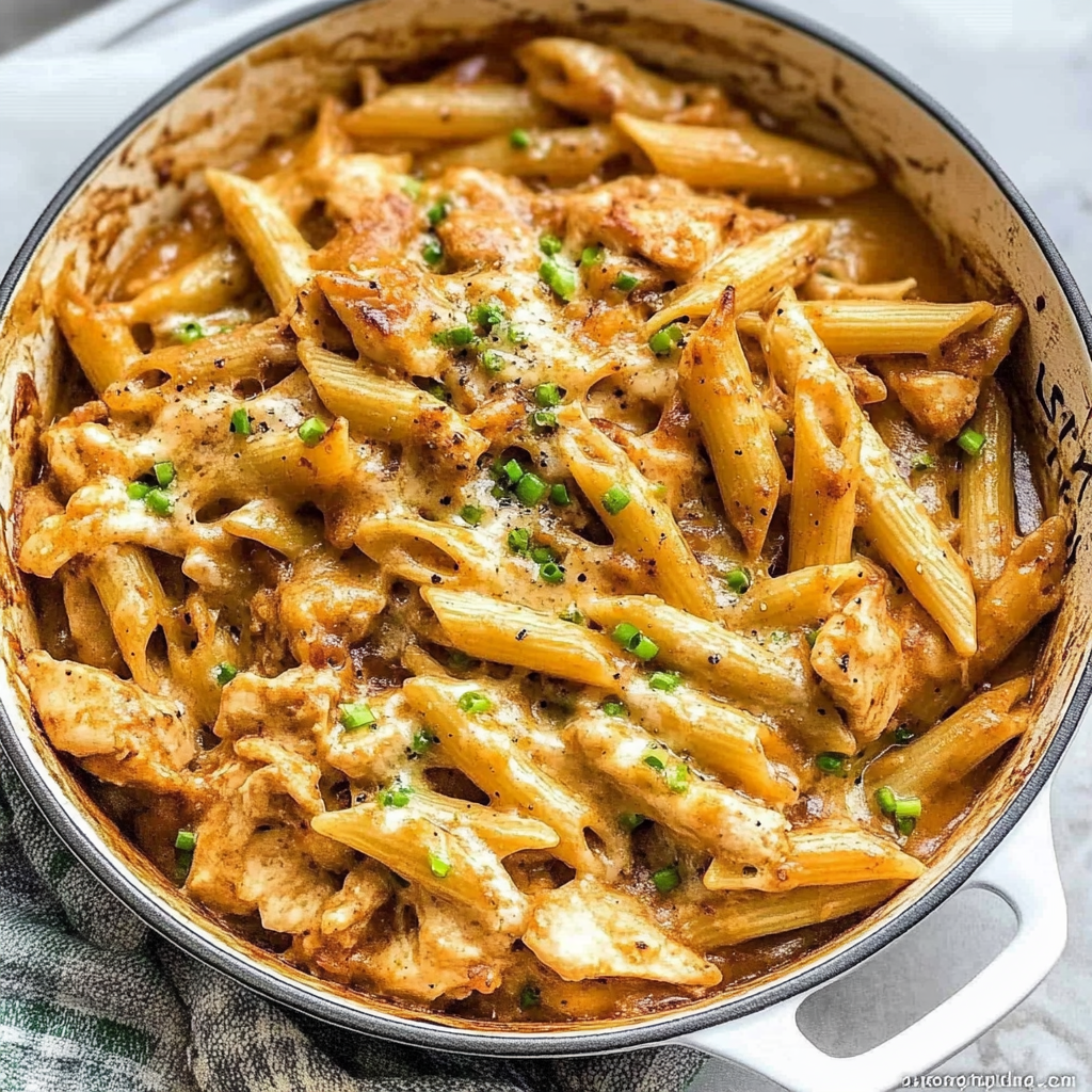 Recipe preparation for Cajun Cream Cheese Chicken Pasta Bake