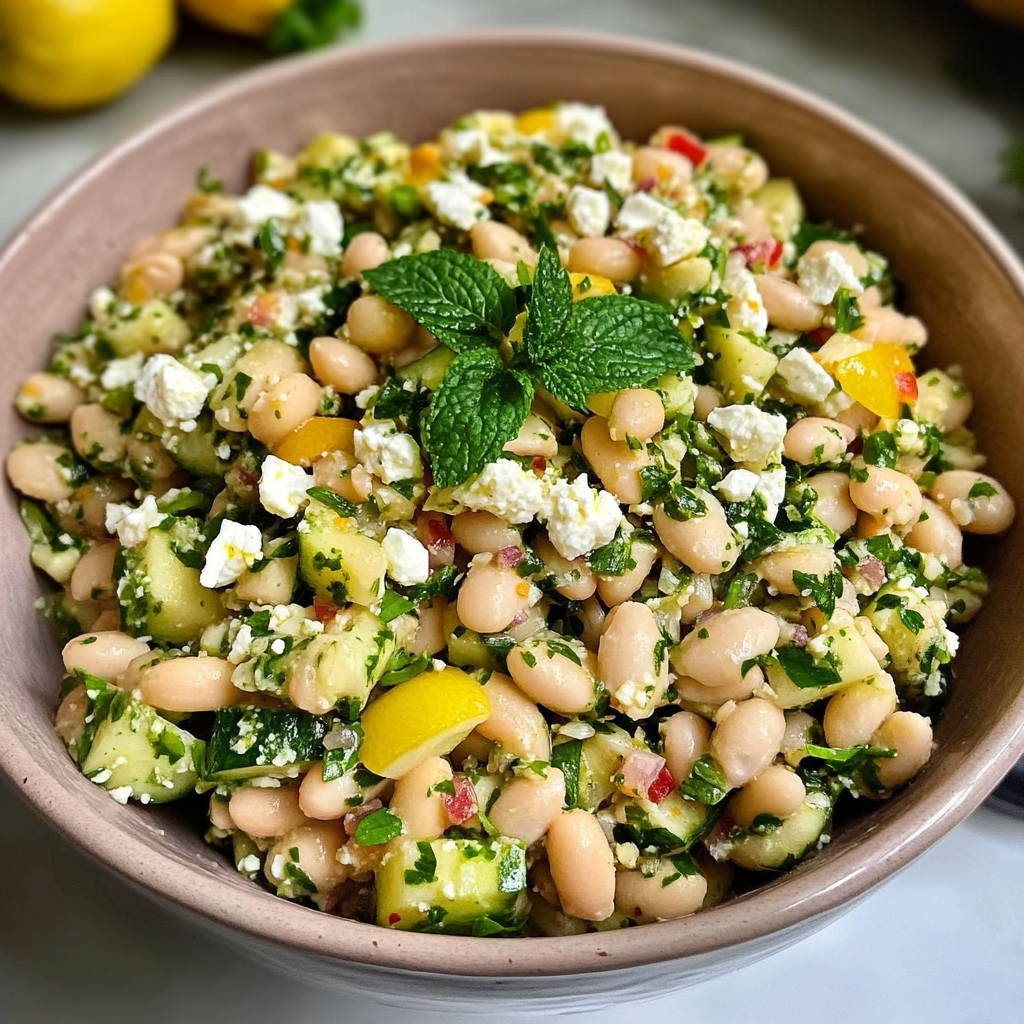 Recipe preparation for Mediterranean White Bean Salad with Feta & Preserved Lemon