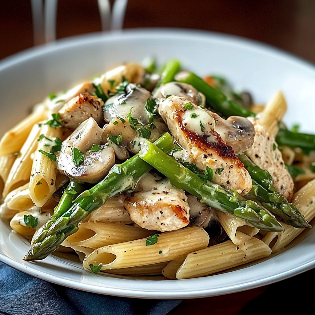 Recipe preparation for Mushroom Asparagus Chicken Penne