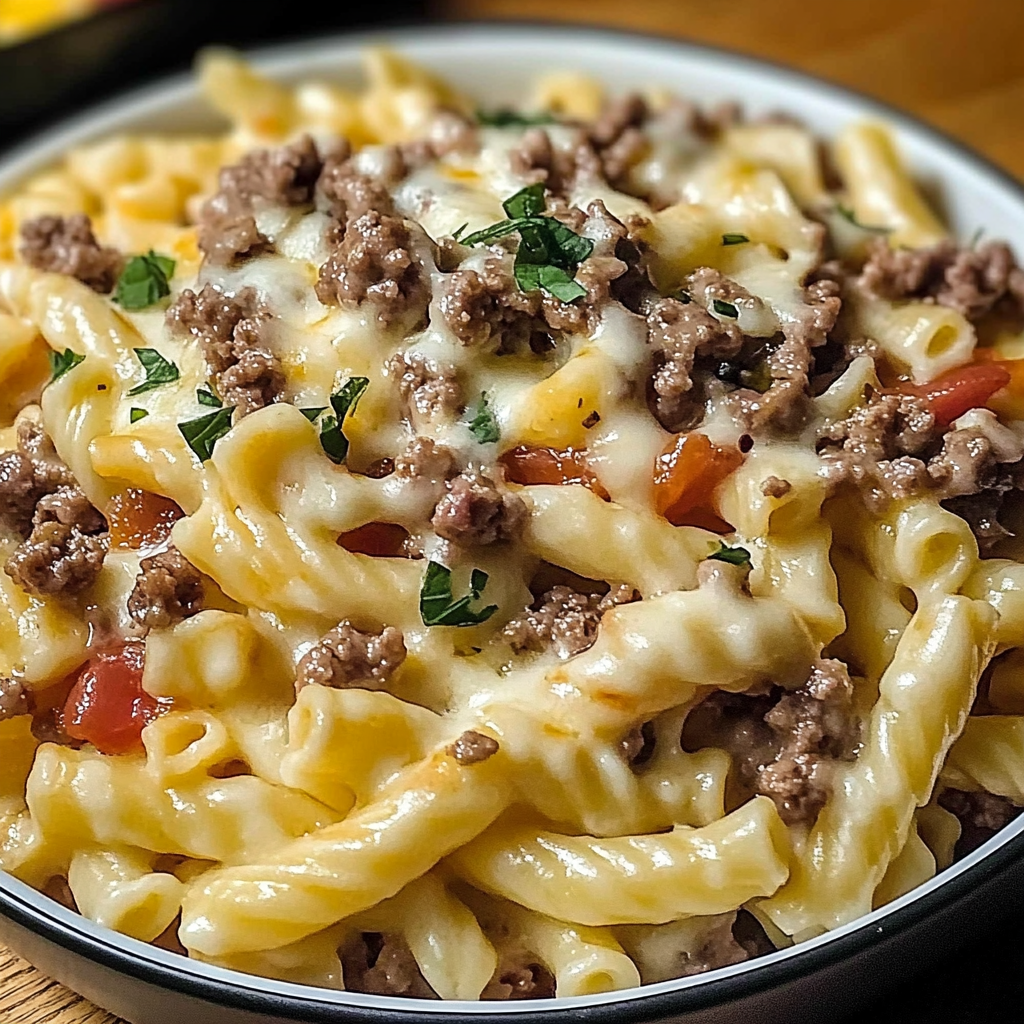 Recipe preparation for Cheeseburger Alfredo Pasta