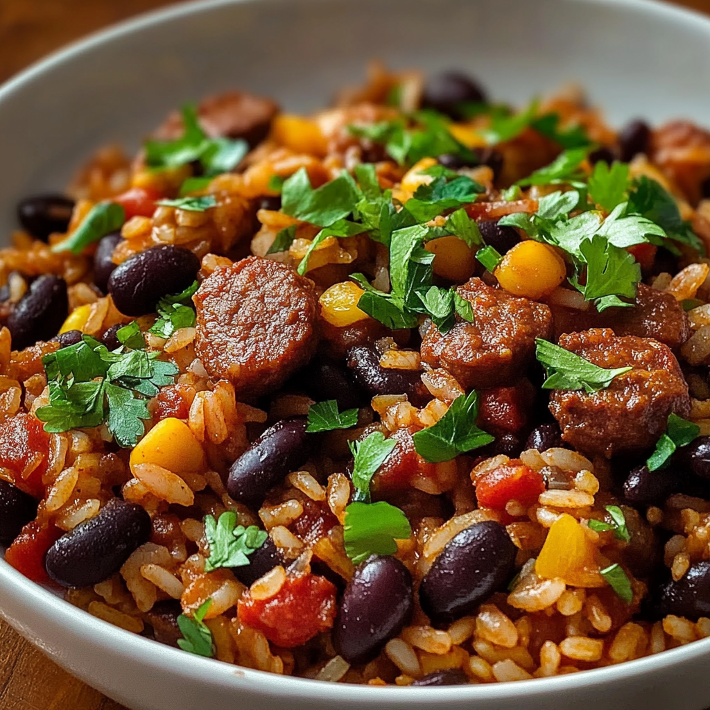 Recipe preparation for Black Beans and Rice with Sausage