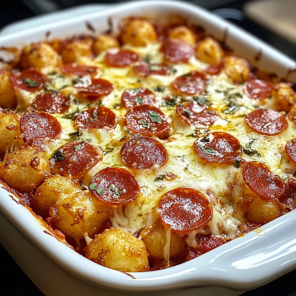 Recipe preparation for Pepperoni Pizza Tater Tot Casserole