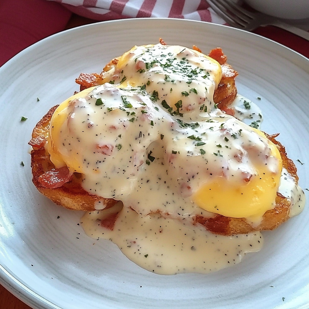 Recipe preparation for Egg Topped Hash Browns with Bacon Gravy
