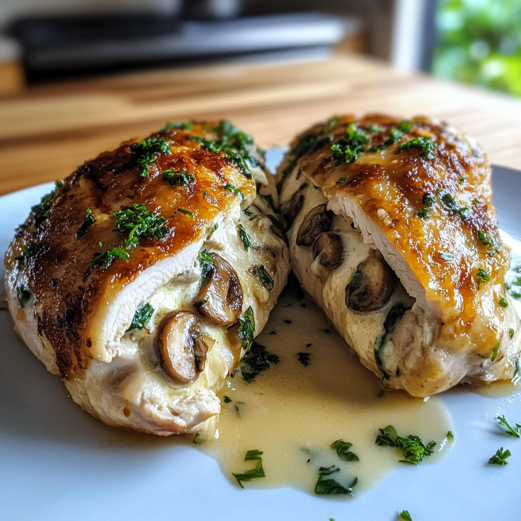 Recipe preparation for Cheesy Garlic Butter Mushroom Stuffed Chicken