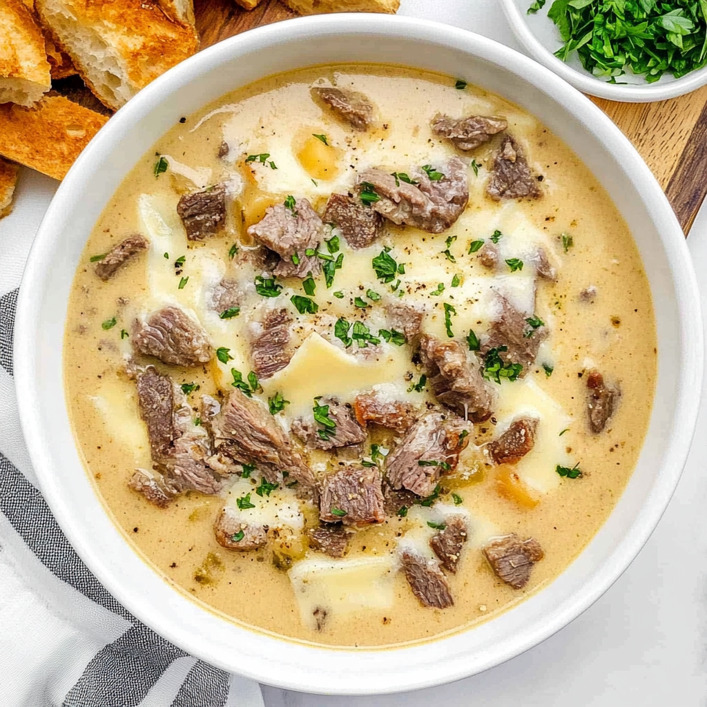Recipe preparation for Creamy Philly Cheese Steak Soup