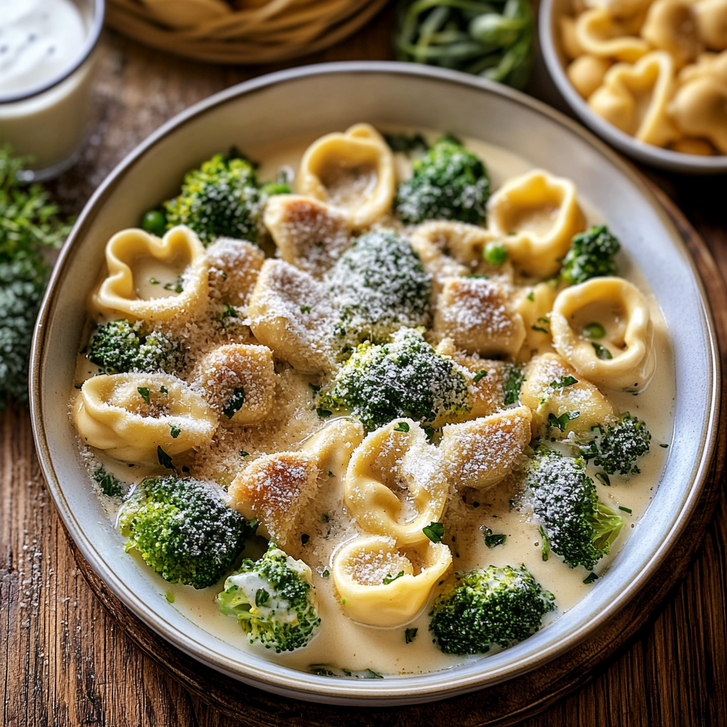 Recipe preparation for Creamy Tortellini with Chicken and Broccoli