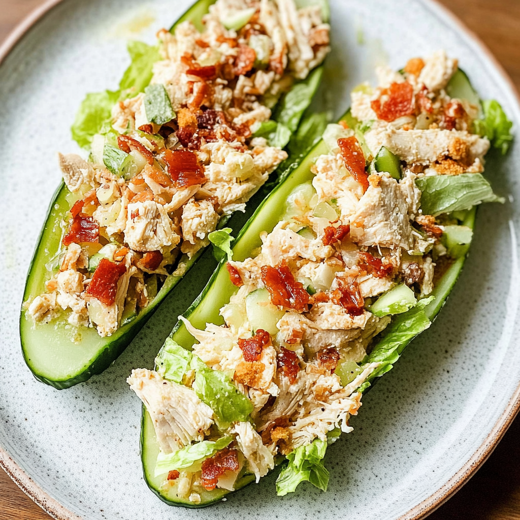 Recipe preparation for Bacon Ranch Chicken Salad Cucumber Boats