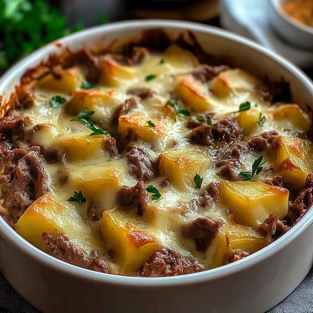 Recipe preparation for Cheesy Steak and Potato Bake