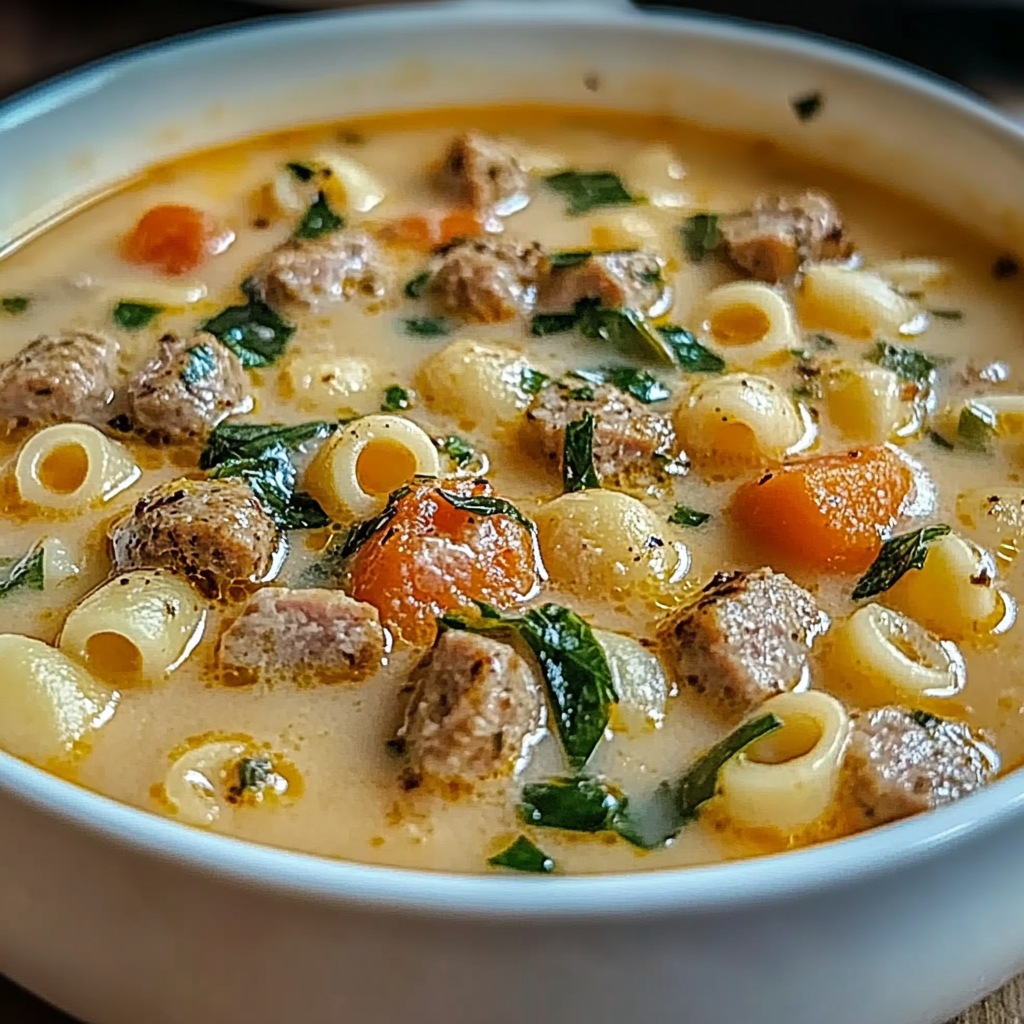 Recipe preparation for Creamy Parmesan Italian Sausage Ditalini Soup
