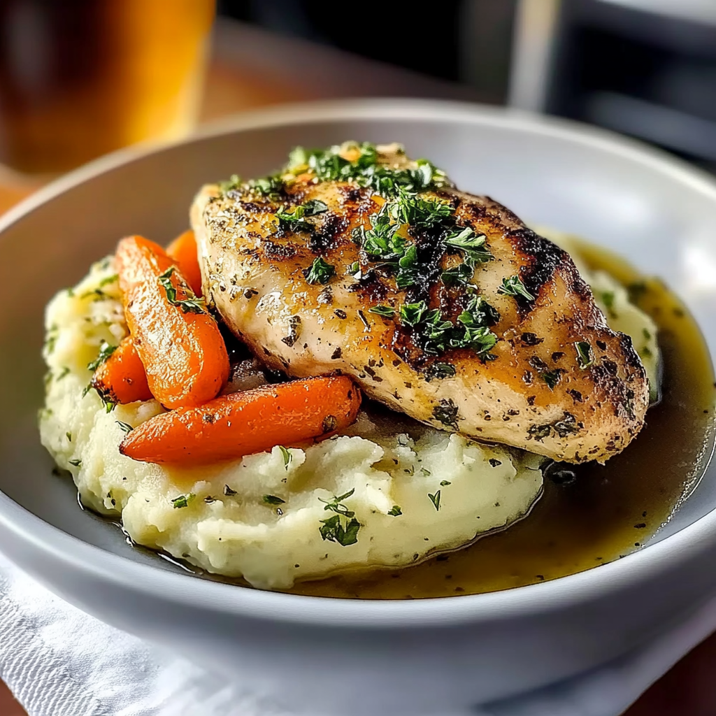 Recipe preparation for Garlic Herb chicken with creamy mash & roastedarlic carrots
