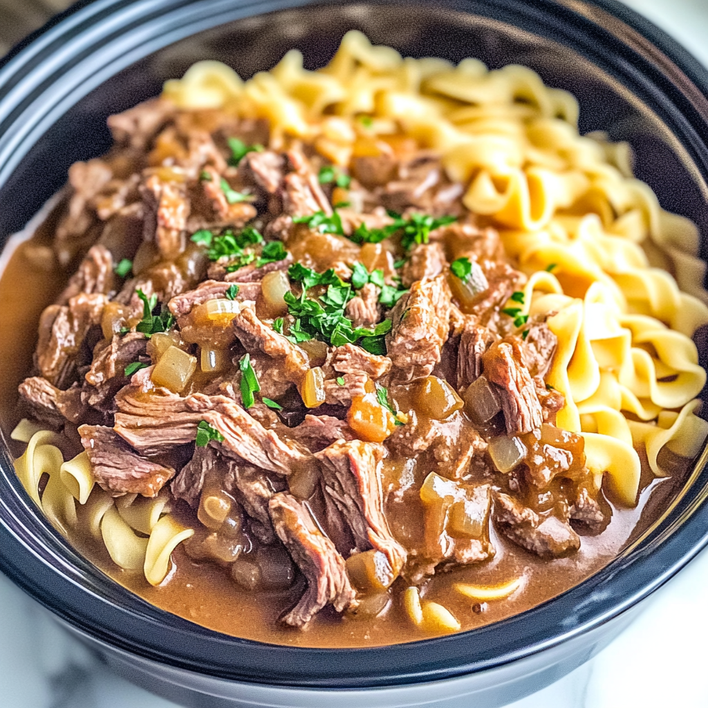 Recipe preparation for Tender Crockpot Beef Tips and Noodles