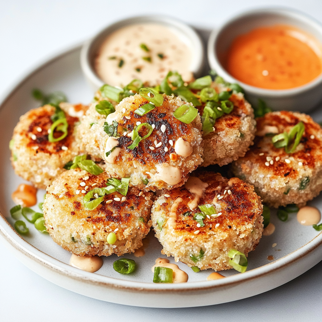 Recipe preparation for Crispy Asian-style Tuna Cakes with Spicy Mayo