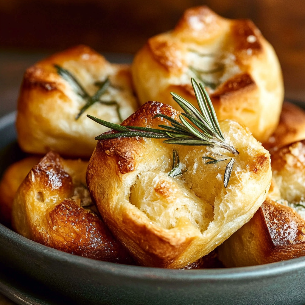 Recipe preparation for golden crust garlic rosemary focaccia muffins