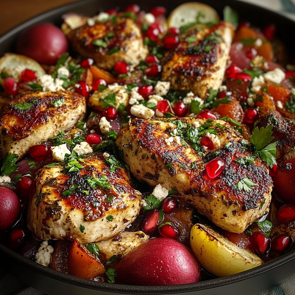 Recipe preparation for One-Pan Chicken Feta Pomegranate
