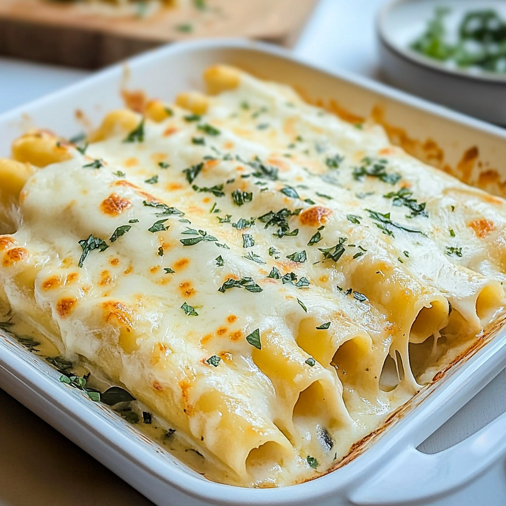 Recipe preparation for Chicken Manicotti Alfredo