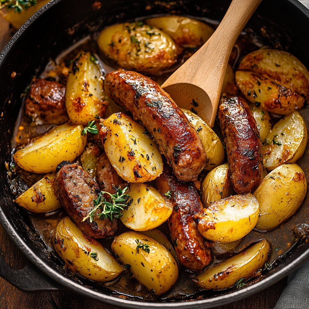 Recipe preparation for Baked Andouille Sausage + Potatoes