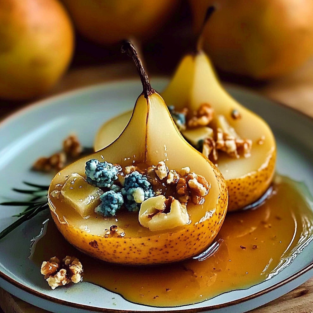 Recipe preparation for Warm Baked Pears with Blue Cheese and Honey