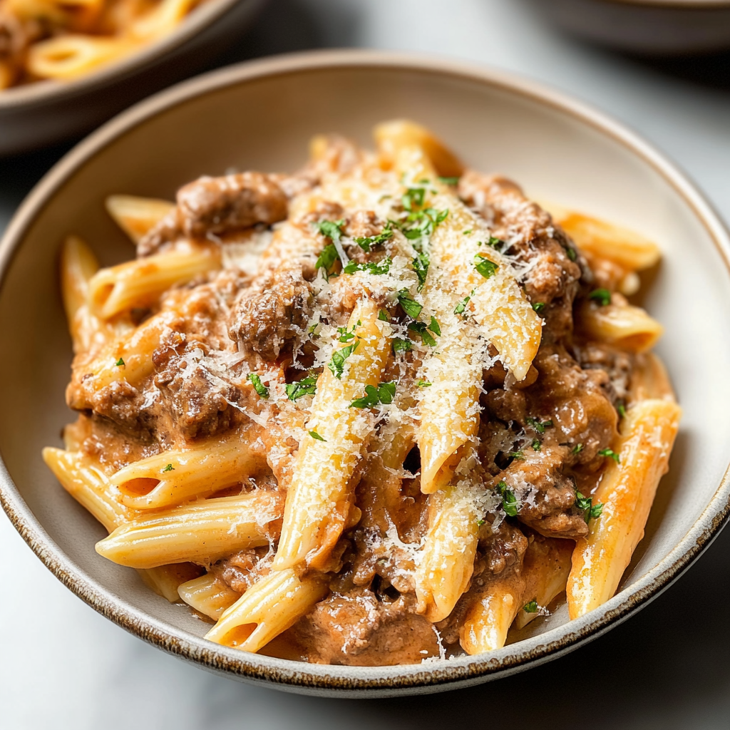 Recipe preparation for Creamy Beef Pasta