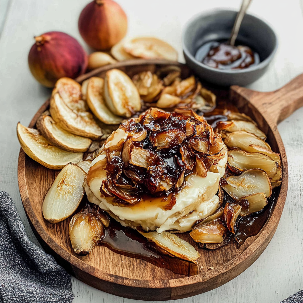 Recipe preparation for Baked Brie with Fig Jam & Caramelized Onion
