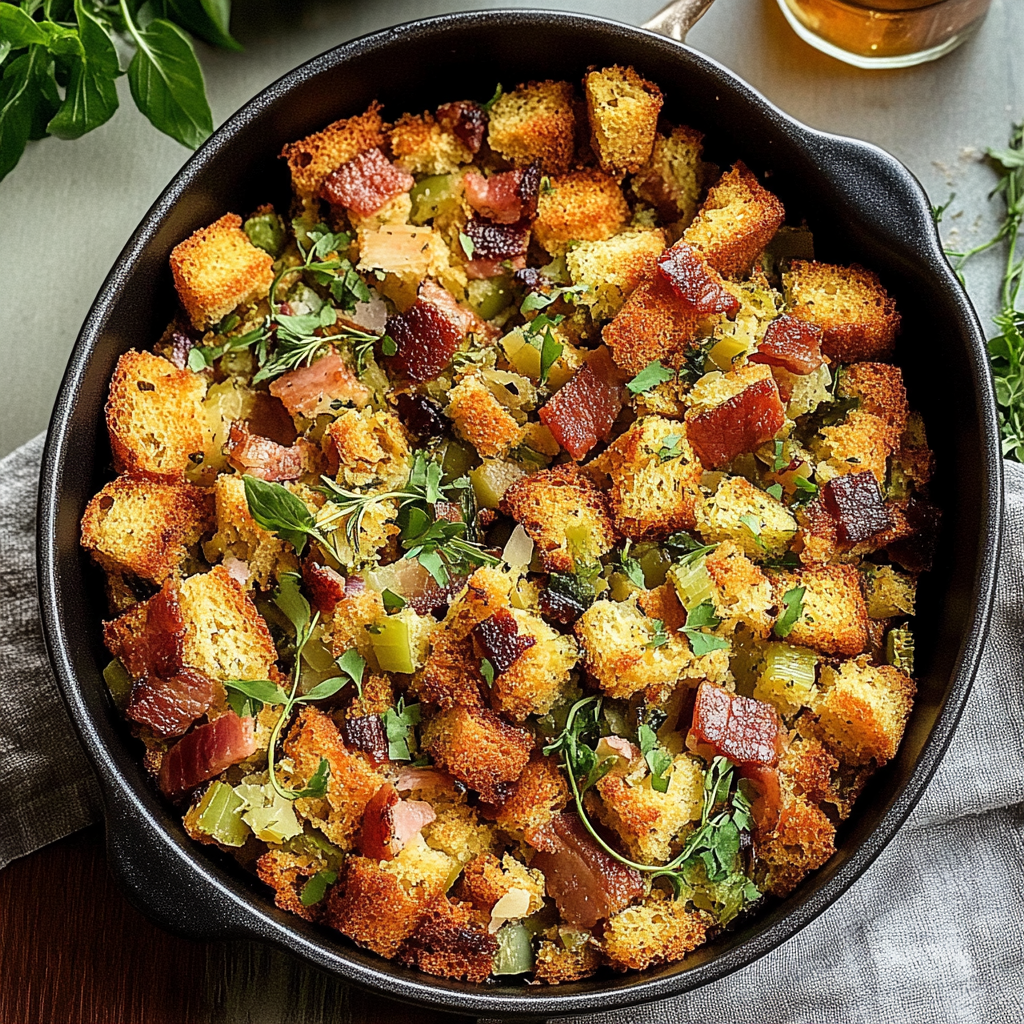 Recipe preparation for cornbread stuffing with bacon