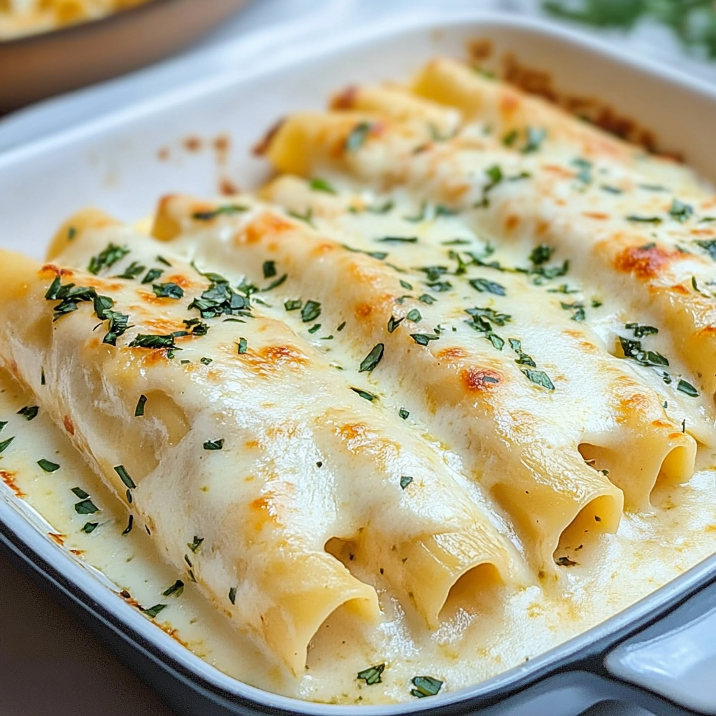 Recipe preparation for Chicken Manicotti Alfredo