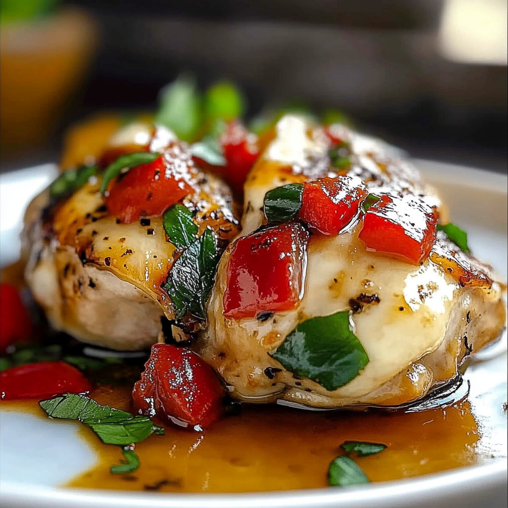 Recipe preparation for Roasted Red Pepper Mozzarella Chicken