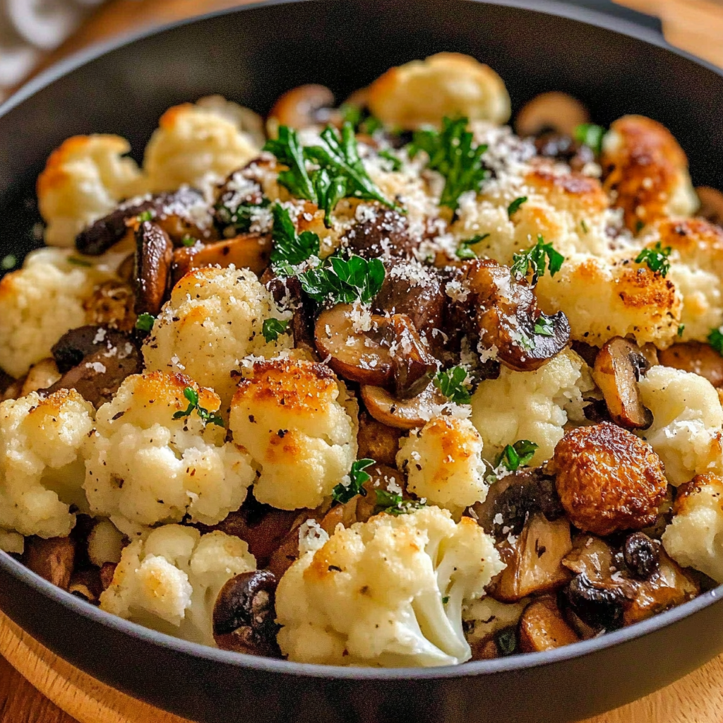 Recipe preparation for Garlic Cauliflower Mushroom Skillet
