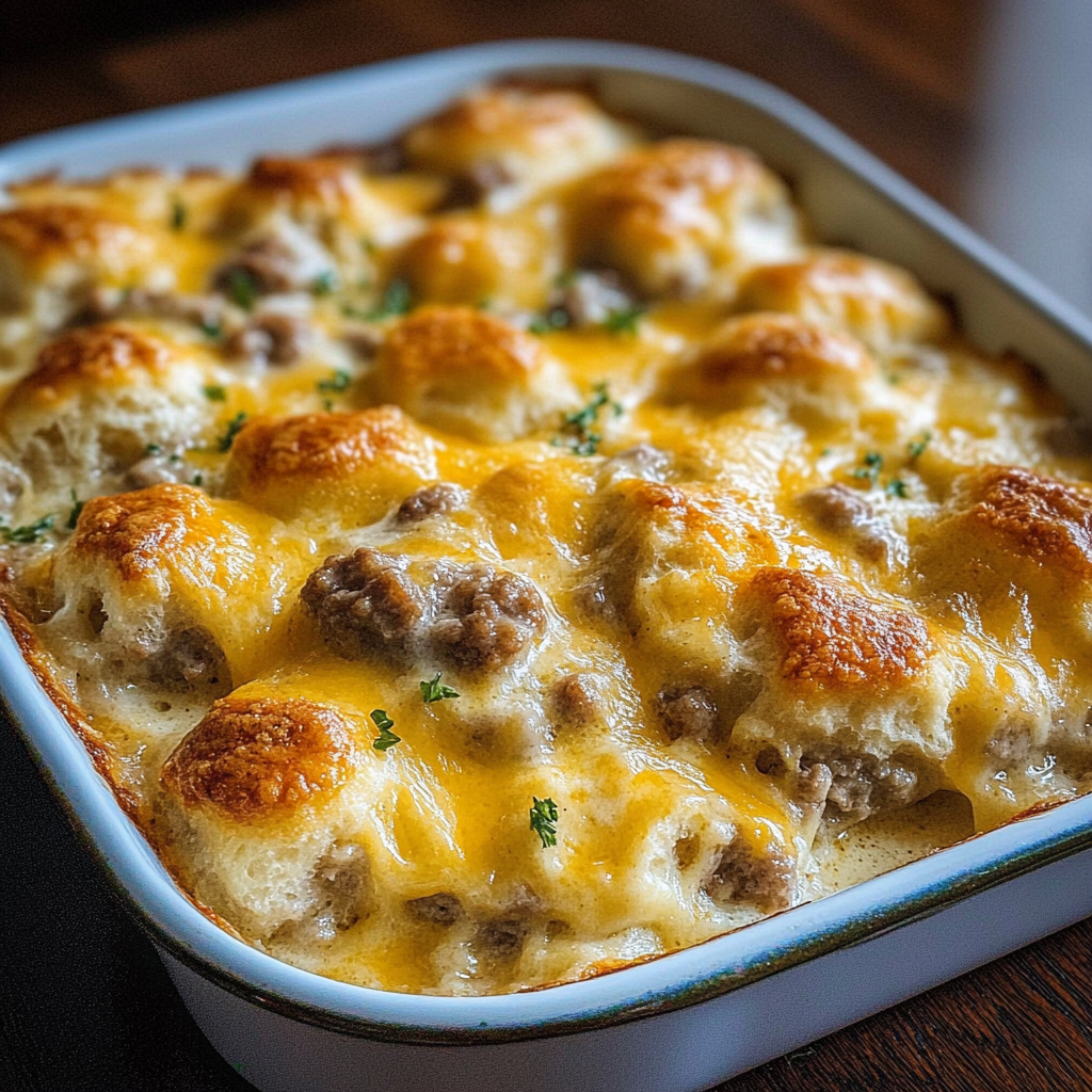 Recipe preparation for Biscuits & Sausage Gravy Casserole