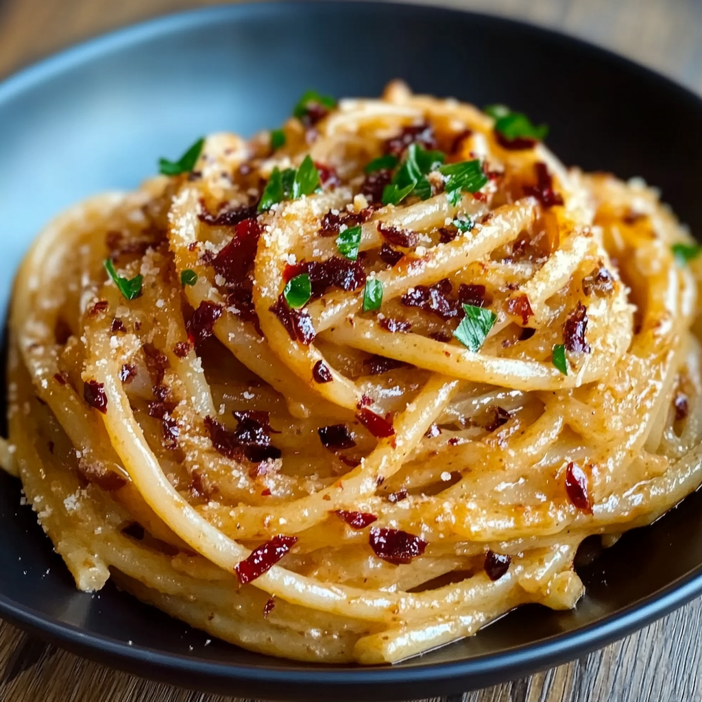Recipe preparation for Caramelized Onion Pasta with Chilli Oil