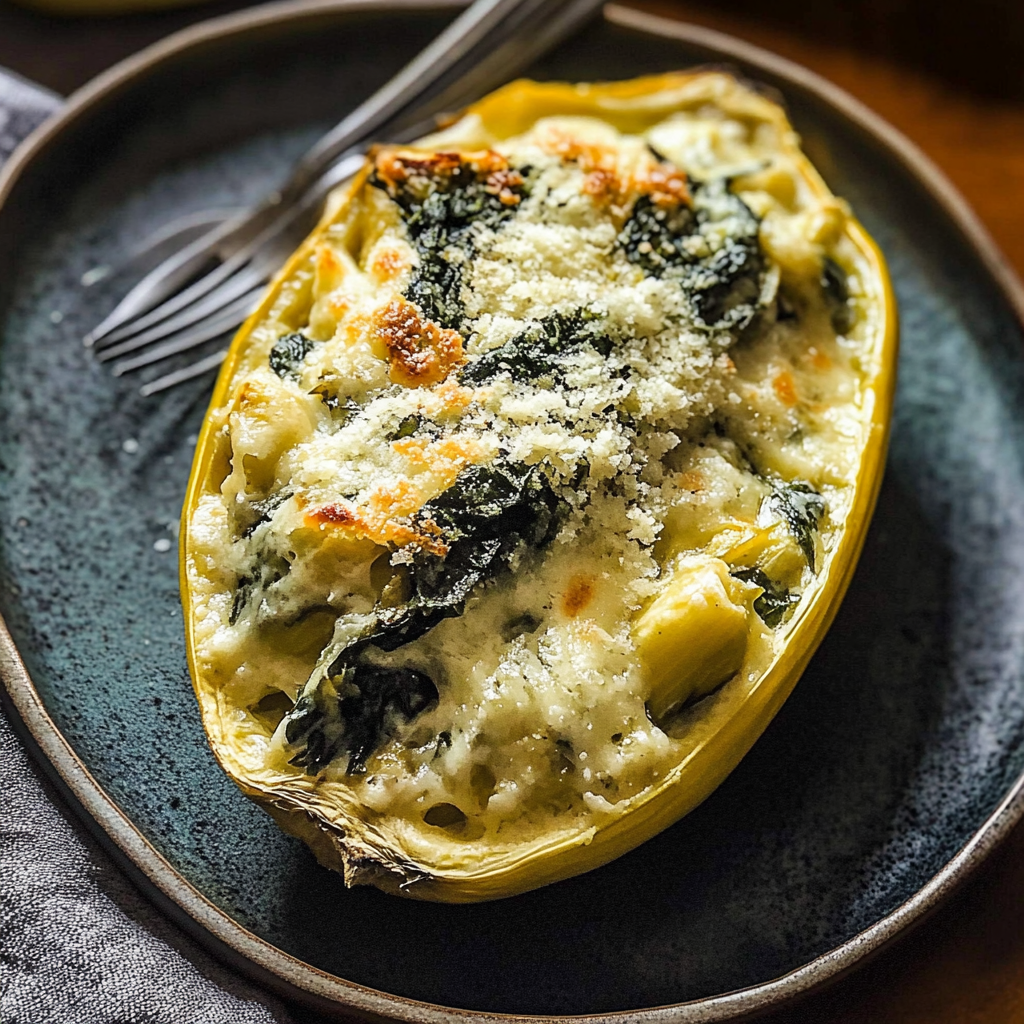 Recipe preparation for Spinach and Artichoke Stuffed Spaghetti Squash