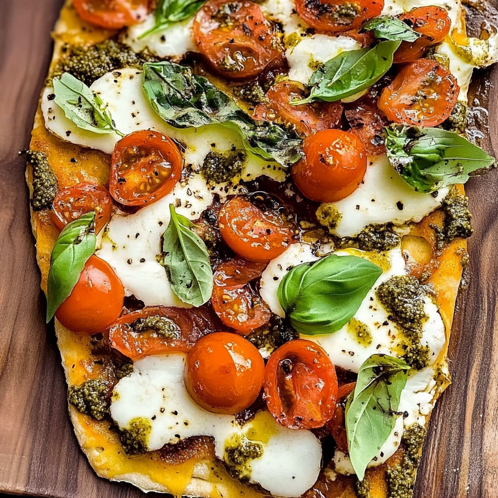 Recipe preparation for Caprese Pesto Flatbread