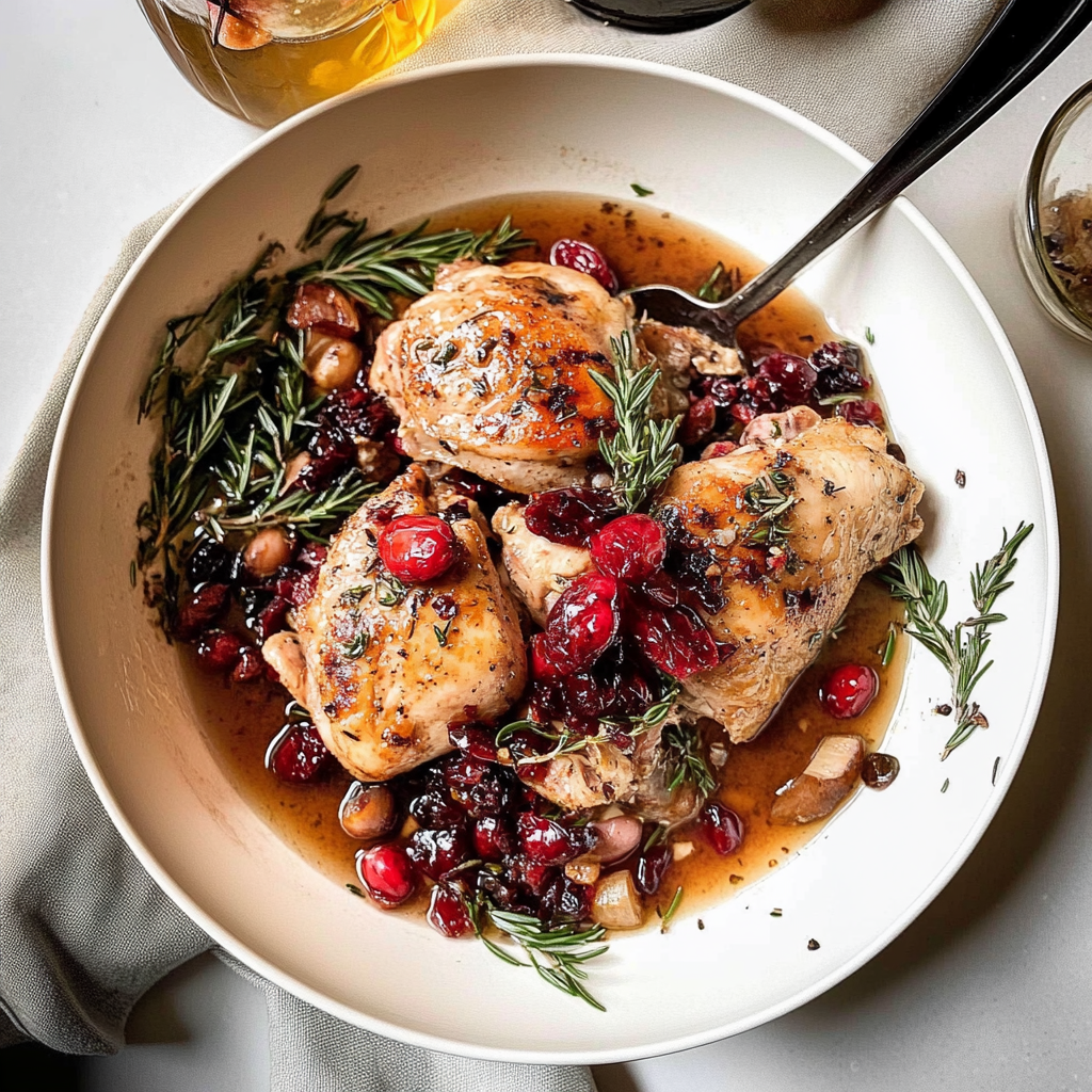 Recipe preparation for One Pan Rosemary Chicken Thighs with Cranberry Sauce
