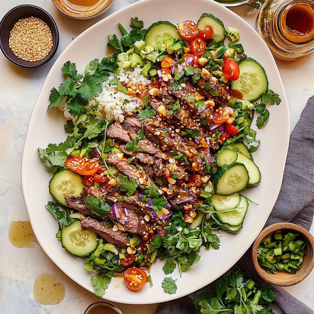 Recipe preparation for Crispy Rice Steak Salad with Thai-Inspired Dressing