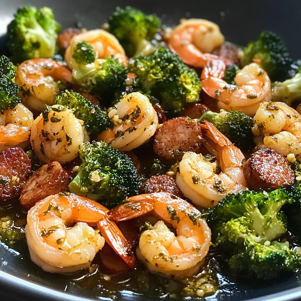 Recipe preparation for Honey Garlic Shrimp and Sausage with Broccoli