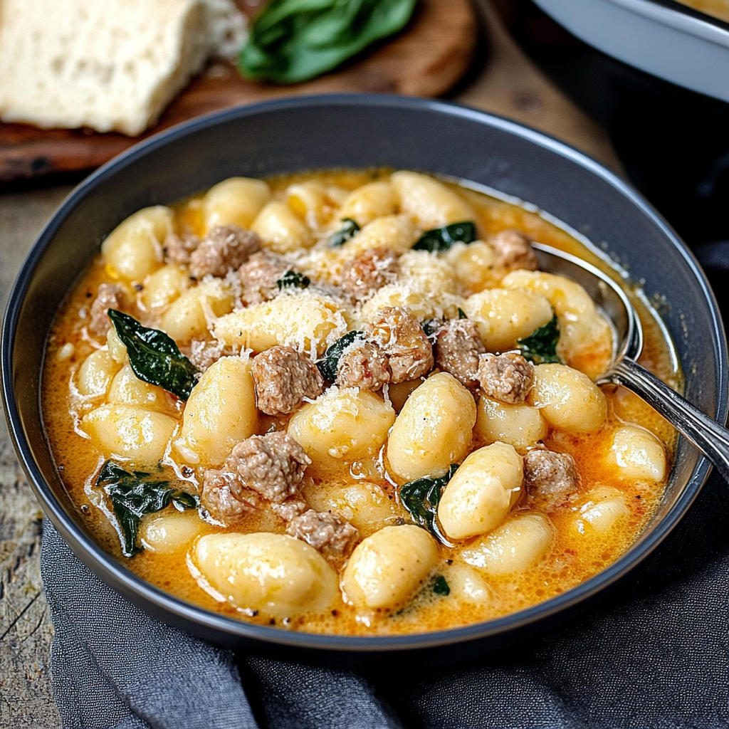 Recipe preparation for Creamy Italian Sausage Gnocchi Soup