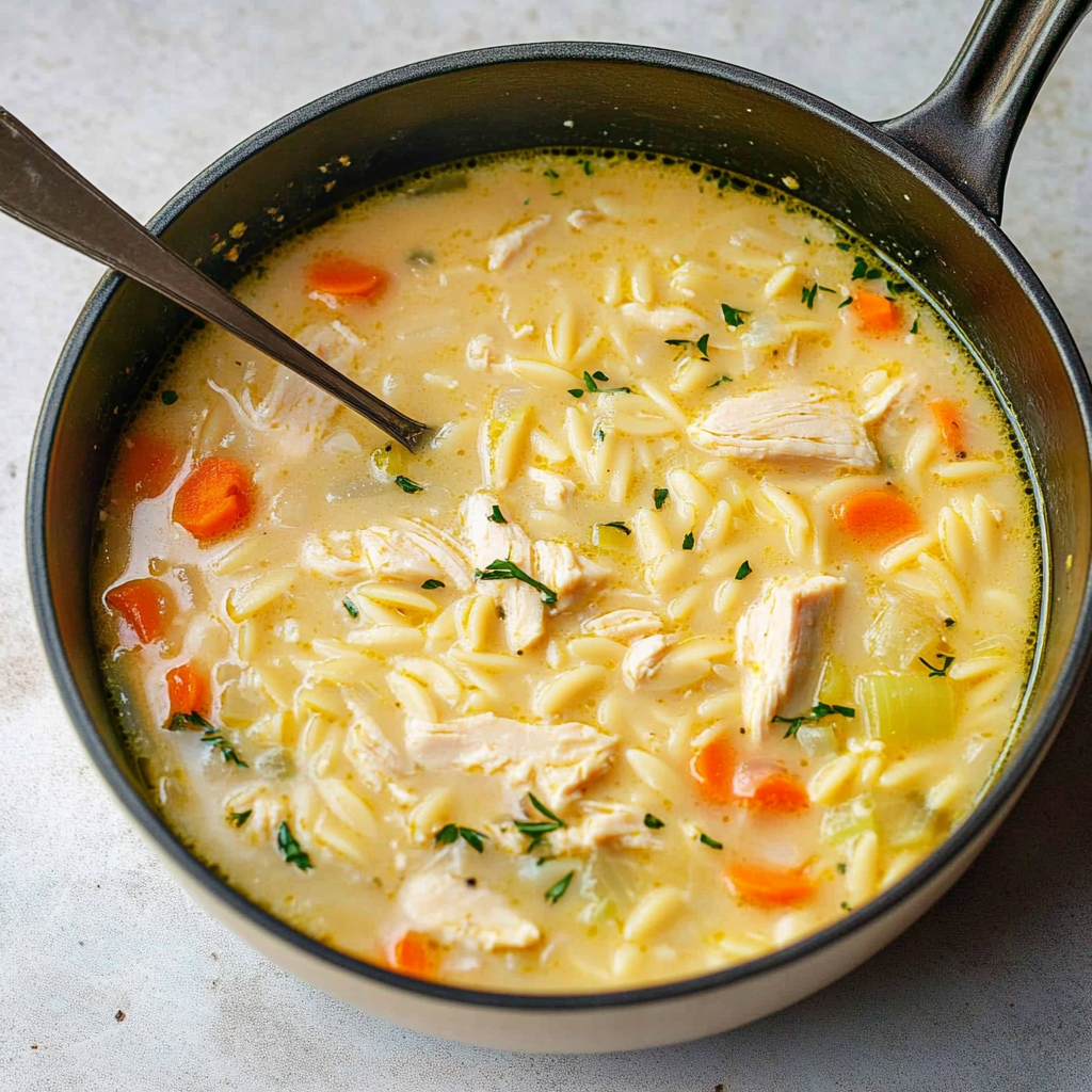 Recipe preparation for Lemon Chicken Orzo Soup