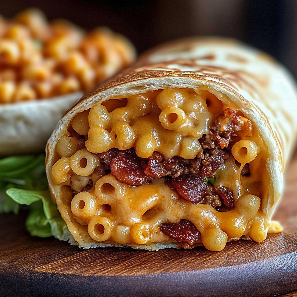 Recipe preparation for Bacon Mac Cheese Burger Wrap