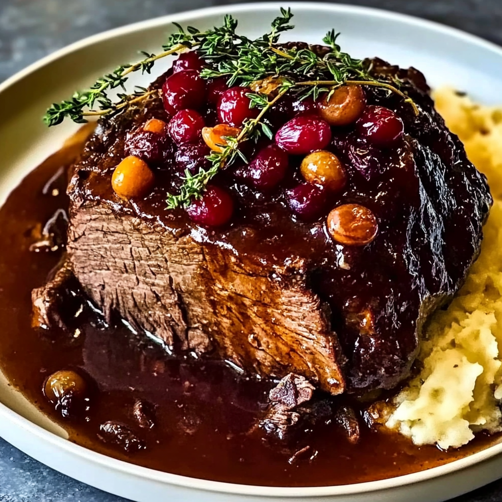 Recipe preparation for Slow-Braised Beef Roast with Cranberry Balsamic Glaze