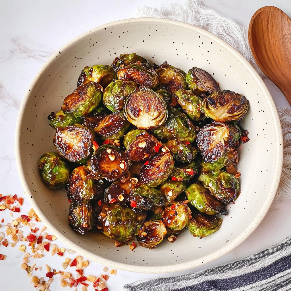 Recipe preparation for Honey Balsamic Glazed Air Fried Brussels Sprouts