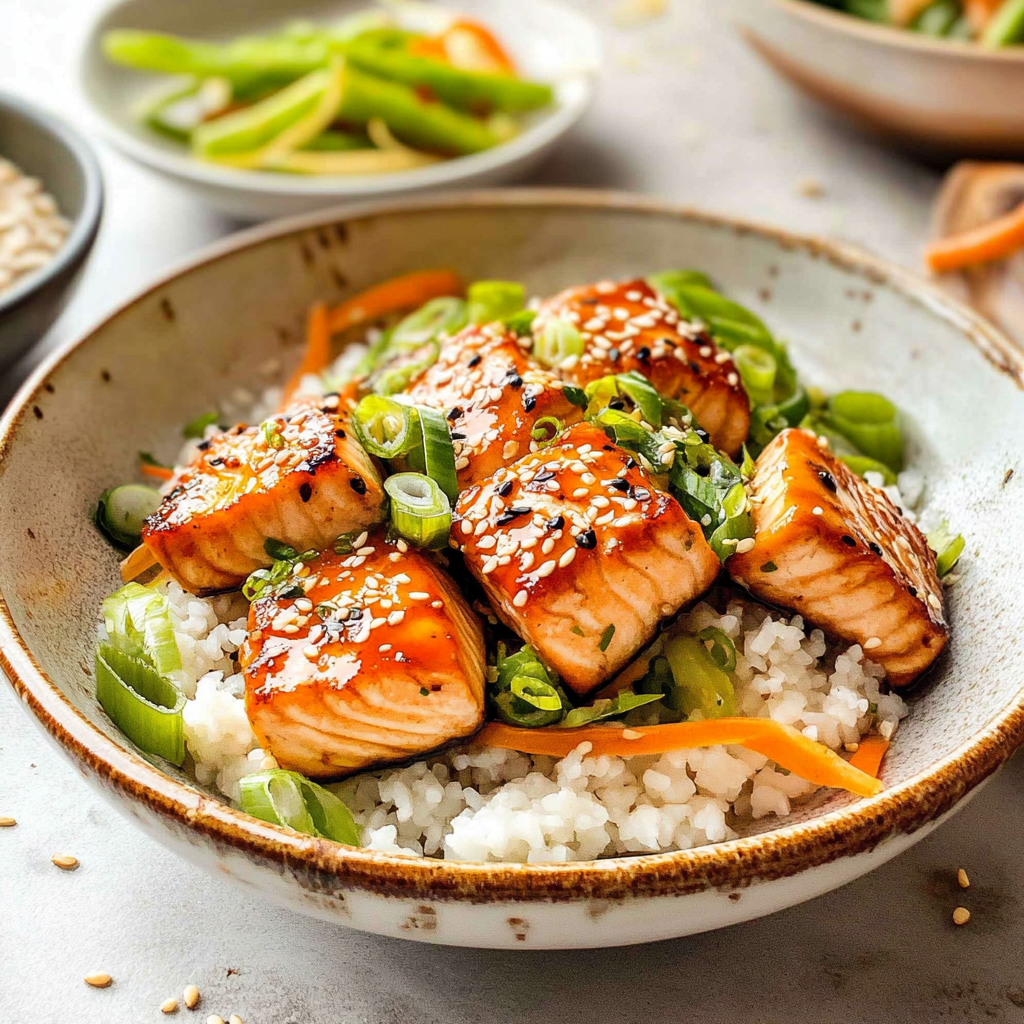 Recipe preparation for Sweet and Sticky Teriyaki Salmon Bowls