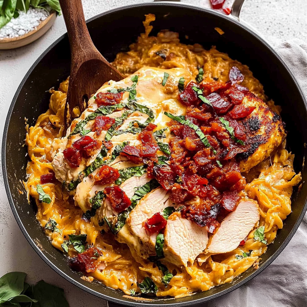 Recipe preparation for One pot chicken risoni with crispy salami