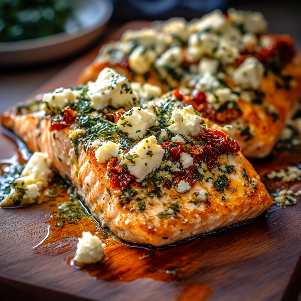Recipe preparation for Mediterranean Baked Salmon With Feta & Sun-dried Tomatoes